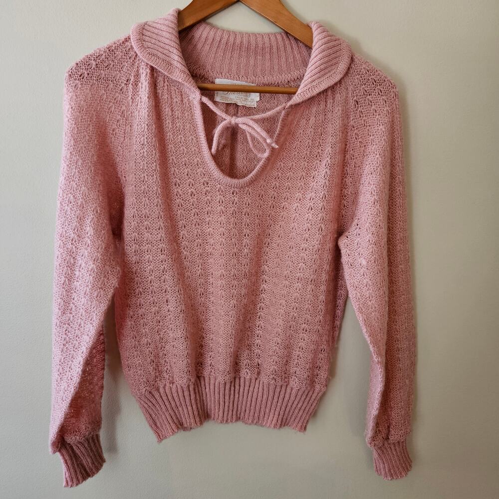 VTG 70s Women's Pointelle Sweater Sz L Cottagecore  Rose Girly Balloon Sleeve